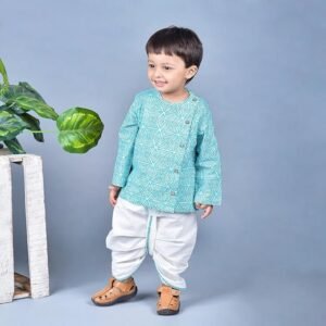 POLKA TOTS Baby Boys Cotton Full Sleeve Geometric Print Angrakha Kurta Dhoti Pant Set, Traditional Ethnic Wear - Blue & White, 4-5 Years